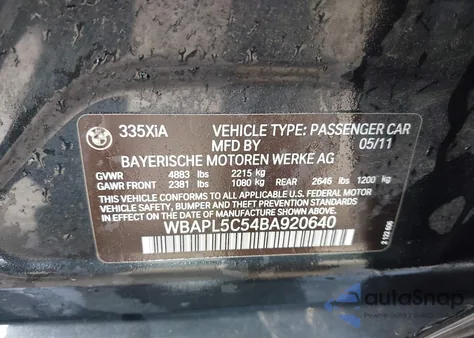 2011 BMW 335I xDrive из США, поврежденный, VIN WBAPL5C54BA920640